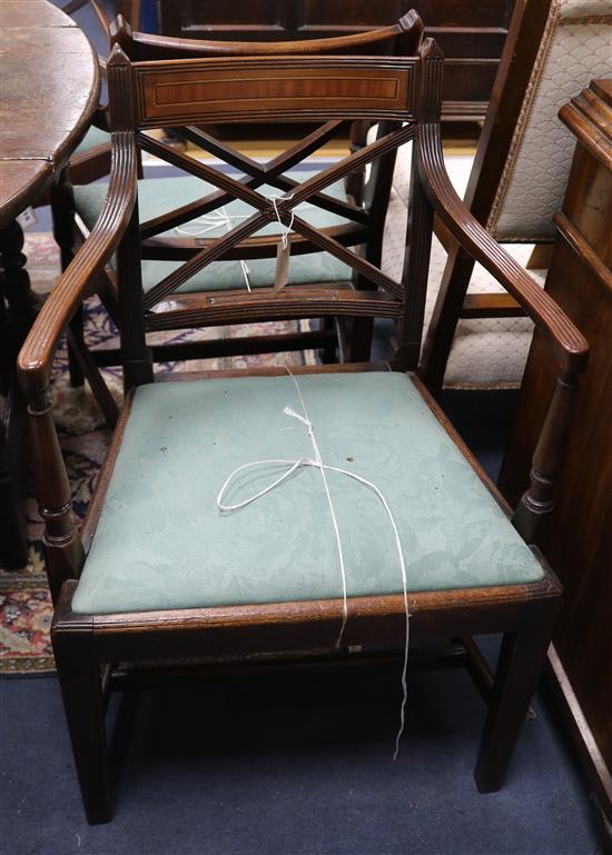 A set of eight (6+2) George III mahogany and satinwood banded dining chairs